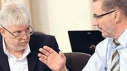 Rot-rote Koalitionäre. Finanzminister Helmuth Markov (Linke) und SPD-Ministerpräsident Matthias Platzeck mussten sich im Landtag Vorwürfe wegen des BER-Desasters anhören. Foto: dpa/Settniks