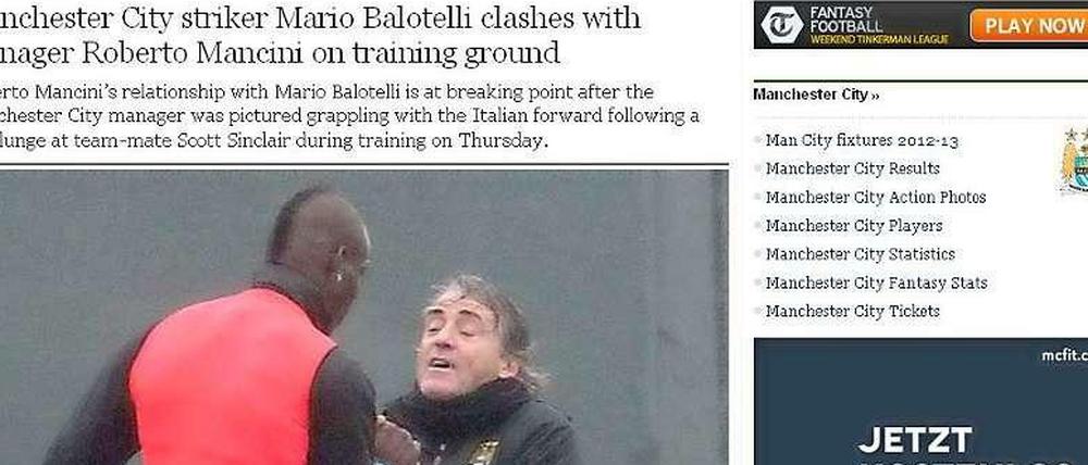 Der "Telegraph" veröffentlichte unter anderem dieses Bild von dem Zwischenfall mit Mario Balotelli und Roberto Mancini im Training bei Manchester City.
