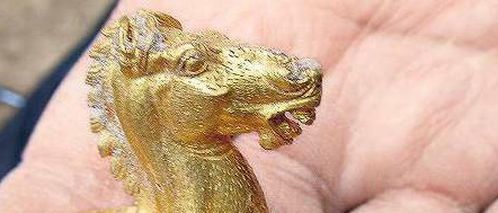 Hochkultur. Ein Archäologe präsentiert einen goldenen Pferdekopf, der im November 2012 entdeckt wurde.