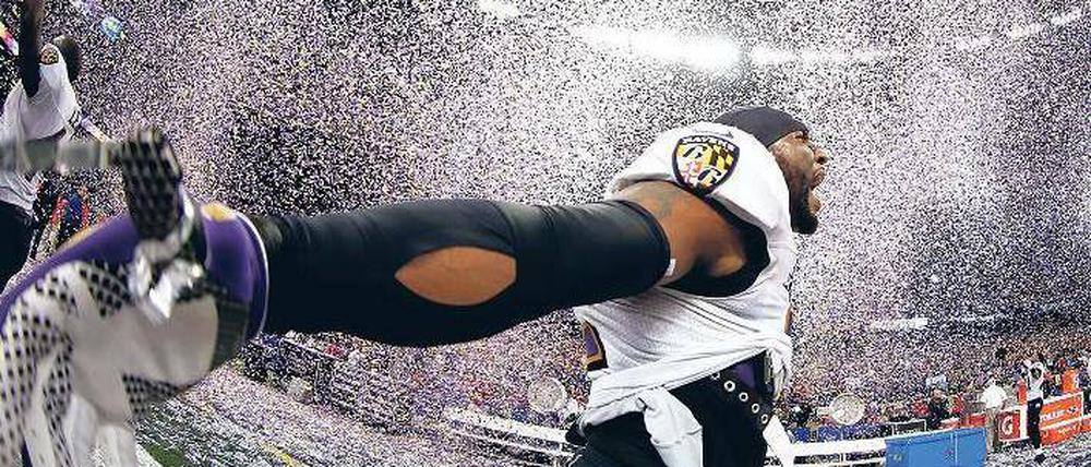 Schreiend sprachlos. Baltimores Defensivkapitän Ray Lewis gewinnt mit 37 Jahren in seinem letzten Spiel noch einmal die Meisterschaft im US-Football. Foto: AFP