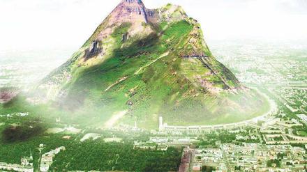 Träumerei. Berlins Berge sind ja höchstens 115 Meter hoch. Ein Architekt schlug einst diesen 1000 Meter hohen Hingucker vor – ein überaus beeindruckender, aber unrealistischer Vorschlag.Simulation: promo/Jakob Tigges