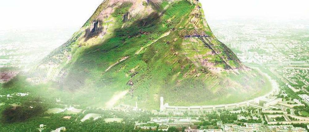 Träumerei. Berlins Berge sind ja höchstens 115 Meter hoch. Ein Architekt schlug einst diesen 1000 Meter hohen Hingucker vor – ein überaus beeindruckender, aber unrealistischer Vorschlag.Simulation: promo/Jakob Tigges