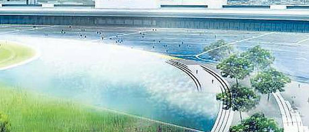 Blaupause. So sieht das Wasserbecken in der Simulation aus. Es spart dem Land jährlich eine halbe Million Euro Entwässerungsgebühr, die es an die zu 75,05 Prozent landeseigenen Wasserbetriebe zahlt. 