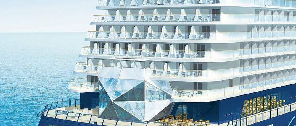„Diamant“ am Heck. Der Neubau von Tui Cruises soll richtig glänzen, etwa mit exklusiver Gastronomie im Glaspalast. 