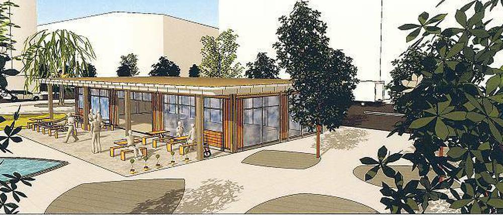 Alles neu. Ein „Landhaus-Café“ soll die Imbissbude am Platz ersetzen. 