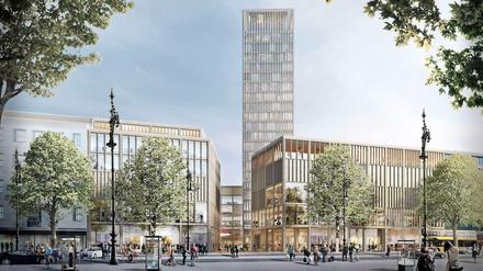 So stellt sich Architekt Jan Kleihues das künftige Ku'damm-Karree vor – mit Neubauten am Boulevard, veränderter Hochhausfassade und einem großen Durchgang zum „Theaterplatz“.