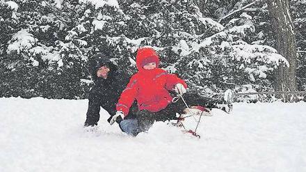Bergab... geht es nicht nur mit den Temperaturen. Im Viktoriapark macht der Neuschnee viel Spaß.