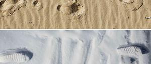 Deine Spuren im Sand - und im Schnee. Eine Bildkombo, die - im wahrsten Sinne des Wortes - Eindrücke von vor einem Jahr und aktuell im Strandbad Wannsee zeigt.