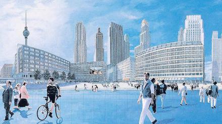 Berlin Alexanderplatz. Der alte Masterplan von Hans Kollhoff wurde oft missverstanden: Nur den Standort der Bauten und ihr Volumen gibt er vor. Über die Architektur – die Simulation zeigt einen klassisch modernen Baustil – entscheiden Wettbewerbe. 