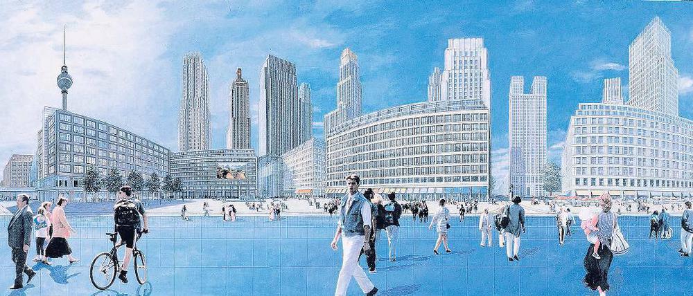 Berlin Alexanderplatz. Der alte Masterplan von Hans Kollhoff wurde oft missverstanden: Nur den Standort der Bauten und ihr Volumen gibt er vor. Über die Architektur – die Simulation zeigt einen klassisch modernen Baustil – entscheiden Wettbewerbe. 