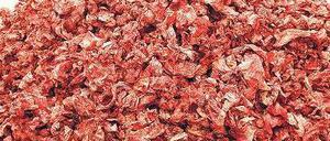 Imran Qureshi knüllt Papierbögen zusammen, die er mit roter Farbe bespritzt und bemalt hat, so dass sich die Assoziation von rohem Fleisch einstellt.