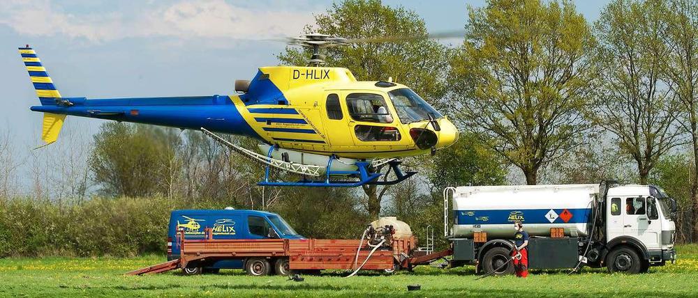 Ein Hubschrauber hebt mit Insektengift beladen zur Bekämpfung der Raupen des Eichenprozessionsspinners ab. 