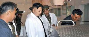 Nordkoreas Diktator Kim inspiziert eine Schweineverarbeitung.
