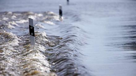 Hochwasser in Sachsen-Anhalt: Die Begrenzungspfosten der Bundesstraße B107 vor Schönfeld (Sachsen-Anhalt) sind am Donnerstag vom steigenden Hochwasser umspült. Durch den Deichbruch bei Fischbeck im Landkreis Stendal strömt das Hochwasser weiter Richtung Osten.