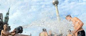 Unterm Fernsehturm gibt's eimerweise Wasser gegen die Hitze.