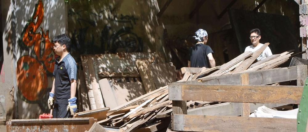 Japanische Botschaftsmitarbeiter beim Fluthilfeeinsatz in Halle.