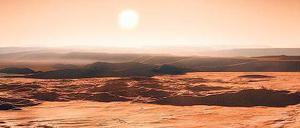 Die Animation der Forscher zeigt die Oberfläche einer der jetzt entdeckten bewohnbaren Super-Erden mit Blick in ihre Sonne, den Stern Gliese 667C.