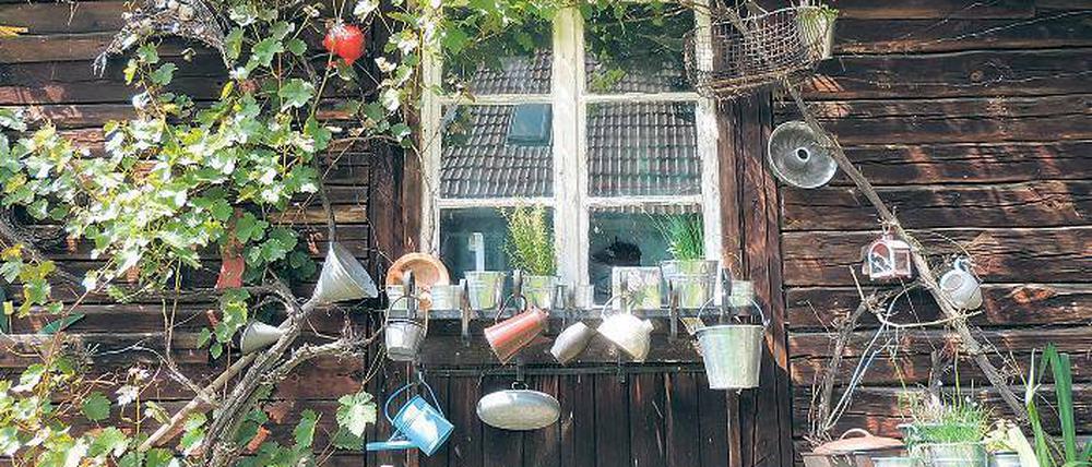 Sommer mit Stillleben. Die Emsländerin Silke Wendt hat ihren Schuppen mit Kannen und Körben, Eimern und Töpfen dekoriert. Im Holzhaus nebenan serviert sie Vegetarisches.