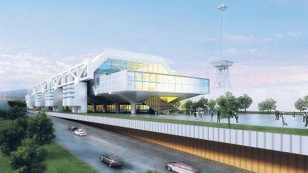 Silberner Bibliotheksriese. So schön strahlend und mit einem einladenderen Eingang stellt sich das Architektenbüro KSP das ICC nach der Sanierung vor.