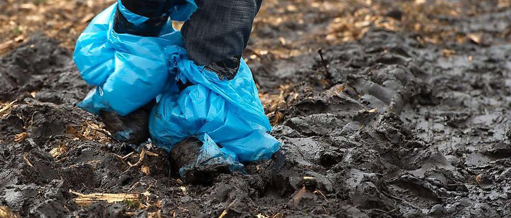 Im Schnitt verbraucht jeder Deutsche 71 Plastiktüten pro Jahr. Manchmal auch als Gummistiefelersatz, wie dieser Besucher des Hurricane-Musikfestivals.