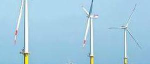 Drehpause. 15 Kilometer Seekabel fehlen noch, dann können die Windmühlen vor Borkum Strom liefern. Eine Pannenserie hat den Bau der Leitung bislang immer wieder verzögert. Foto: dpa