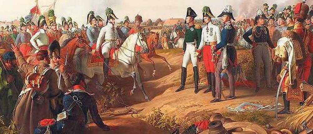 Herrscher in der Mitte. Johann Peter Kraffts Gemälde „Siegesmeldung nach der Schlacht bei Leipzig“ - mit Zar Alexander I. von Russland, Kaiser Franz I. von Österreich und König Friedrich Wilhelm III. von Preußen (von links).