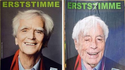 Original und Fälschung. Über Nacht wurden Plakate des Grünen-Direktkandidaten Hans-Christian Ströbele überklebt.