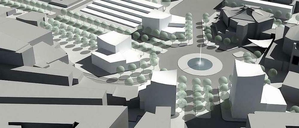 Und mittendrin ein Kreisverkehr: Vor Philharmonie und Kammermusiksaal (rechts) will Braunfels die Potsdamer Straße unterbrechen, neben der Neuen Nationalgalerie eine ansteigende Terrassenanlage.