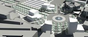 Und mittendrin ein Kreisverkehr: Vor Philharmonie und Kammermusiksaal (rechts) will Braunfels die Potsdamer Straße unterbrechen, neben der Neuen Nationalgalerie eine ansteigende Terrassenanlage.
