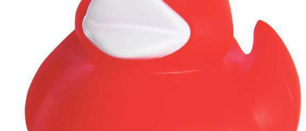 Rote Badeente mit SPD-Logo.