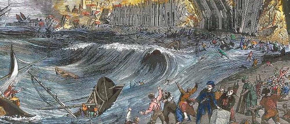 Holzschnitt aus dem 19. Jahrhundert zum Untergang von Lissabon 1755. Damals verwüsteten ein gewaltiges Beben, ein Tsunami und Brände fast die gesamte Stadt.