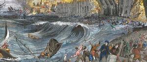 Holzschnitt aus dem 19. Jahrhundert zum Untergang von Lissabon 1755. Damals verwüsteten ein gewaltiges Beben, ein Tsunami und Brände fast die gesamte Stadt.