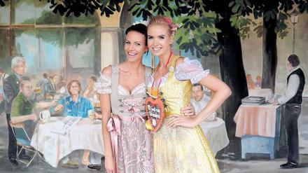 Die Schleife rechts bedeutet verheiratet oder liiert. Models präsentieren Dirndl-Mode auf dem Oktoberfestgelände. Foto: dpa
