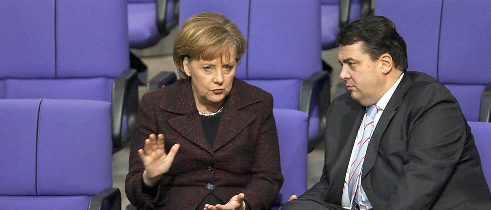 Die Verhandlungspartner. Vor allem auf Angela Merkel und Sigmar Gabriel kommt es an.