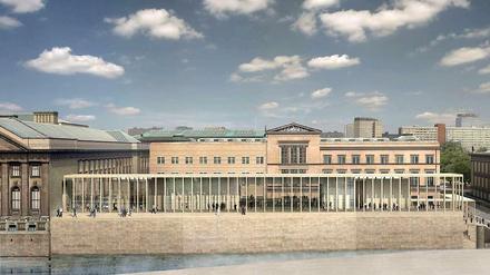 Blick auf die James Simon-Galerie vom Westen, eine Computersimulation. Die Eröffnung des zentralen Zugangs zur Berliner Museumsinsel ist nach mehreren Verschiebungen für 2017 geplant. 