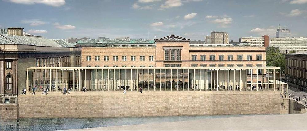 Blick auf die James Simon-Galerie vom Westen, eine Computersimulation. Die Eröffnung des zentralen Zugangs zur Berliner Museumsinsel ist nach mehreren Verschiebungen für 2017 geplant.