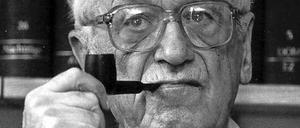 Theodor Eschenburg sitzt Pfeife rauchend vor einer Bücherwand.