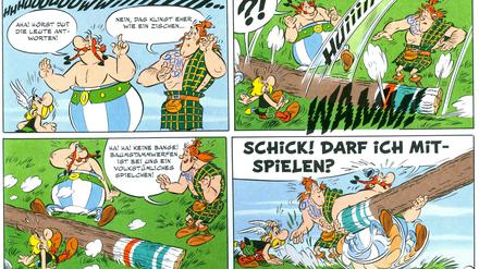 Kulturaustausch: In Schottland lernen Asterix und Obelix auch die Tradition des Baumstammweitwurfs kennen.