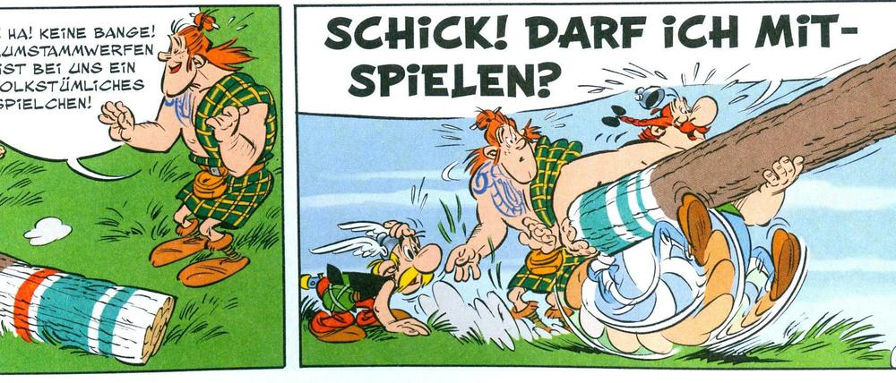 Kulturaustausch: In Schottland lernen Asterix und Obelix auch die Tradition des Baumstammweitwurfs kennen.