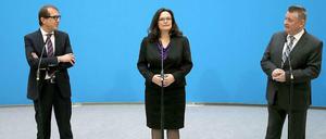 Die Generalsekretäre von CSU, SPD und CDU, Alexander Dobrindt (v.l.n.r.), Andrea Nahles und Hermann Gröhe.
