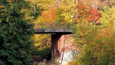 Ins Jenseits. Über diese Brücke geht es zum 1892 angelegten "Begräbnisplatz der Gemeinde Grunewald". Mit dem stillgelegten Gleis darunter hat es seine besondere Bewandtnis. 