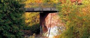 Ins Jenseits. Über diese Brücke geht es zum 1892 angelegten "Begräbnisplatz der Gemeinde Grunewald". Mit dem stillgelegten Gleis darunter hat es seine besondere Bewandtnis. 