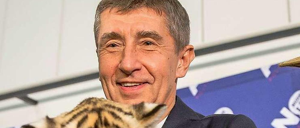 Starker Auftritt. Wahlsieger Andrej Babis präsentierte sich nach der Abstimmung mit einem Tiger-Baby. Seine Partei erhielt 18,7 Prozent der Stimmen.