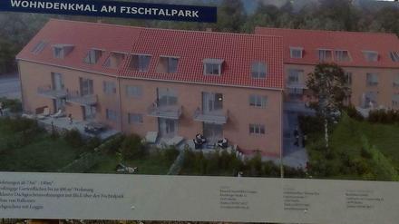 Rosa Zukunft. So soll das Gebäude-Ensemble einmal aussehen, zumindest zeigt dieses Plakat des Bauherren die erwünschte Zukunftsvision.