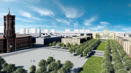 Unter den Linden, hinter dem Schloss. Durch die Öffnung des Baus würde Braunfels gern einen Boulevard schaffen, der bis zum Rathaus-Forum reichen würde. Oben rechts ist die Perspektive vom Schloss aus zu sehen. Rechts unten: der Entwurf von Schlossarchitekt Franco Stella, der tatsächlich gebaut wird. Simulationen: Braunfels/Stiftung Berliner Schloss