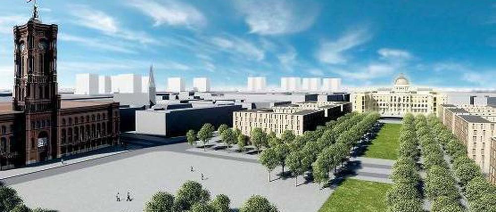 Unter den Linden, hinter dem Schloss. Durch die Öffnung des Baus würde Braunfels gern einen Boulevard schaffen, der bis zum Rathaus-Forum reichen würde. Oben rechts ist die Perspektive vom Schloss aus zu sehen. Rechts unten: der Entwurf von Schlossarchitekt Franco Stella, der tatsächlich gebaut wird. Simulationen: Braunfels/Stiftung Berliner Schloss