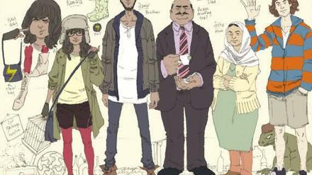 Skizzensammlung zur Familie Khan: Tochter Kamala, nebst Bruder Aamir, Vater Yusuf, Mutter Aisha und Kumpel Bruno (von links)