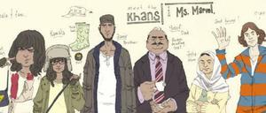 Skizzensammlung zur Familie Khan: Tochter Kamala, nebst Bruder Aamir, Vater Yusuf, Mutter Aisha und Kumpel Bruno (von links)