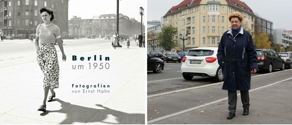 Exakt die gleiche Dame. Nur 62 Jahre sind dazwischen. Links der Titel des Buches „Berlin um 1950“ mit Irmtraud Grimm, damals 19 Jahre alt. Rechts läuft sie heute über die Brücke. Als sie sich auf dem Cover entdeckte, war die Überraschung groß.