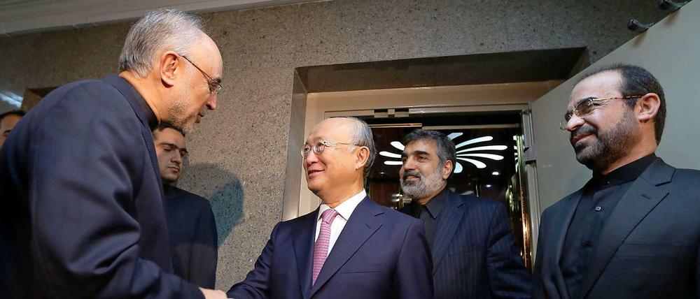 Ali Akbar Salehi (links), der Chef der iranischen Atombehörde und der Generaldirektor der Internationalen Atomenergiebehörde, Yukiya Amano.